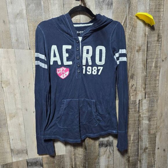Aeropostale Vintage Y2K Navy Hooded Patch Tee - Picture 1 of 4